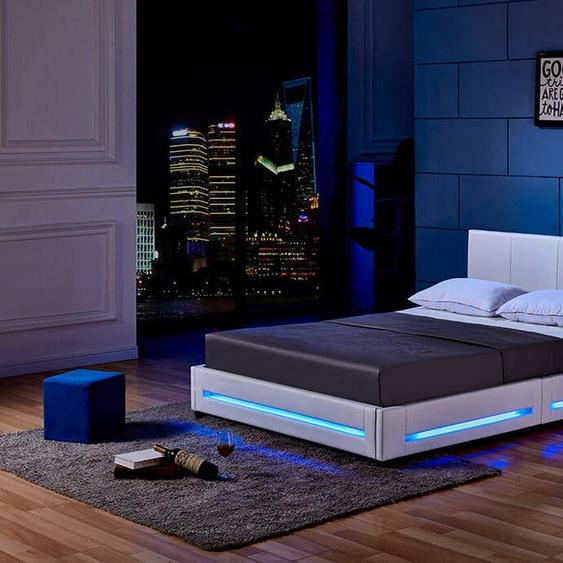 HOME DELUXE - Lit LED Asteroid - Blanc, 160 x 200 cm - Matelas et sommier à lattes inclus I Lit design rembourré, éclairage inclus