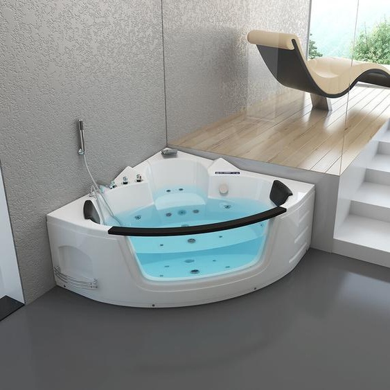 HOME DELUXE - Whirlpool - Laguna L KOMPAKT - Blanc, dimensions : 140x140x65cm, incl. radio, chauffage et luminothérapie I Baignoire dangle pour 2 personnes Baignoire dintérieur