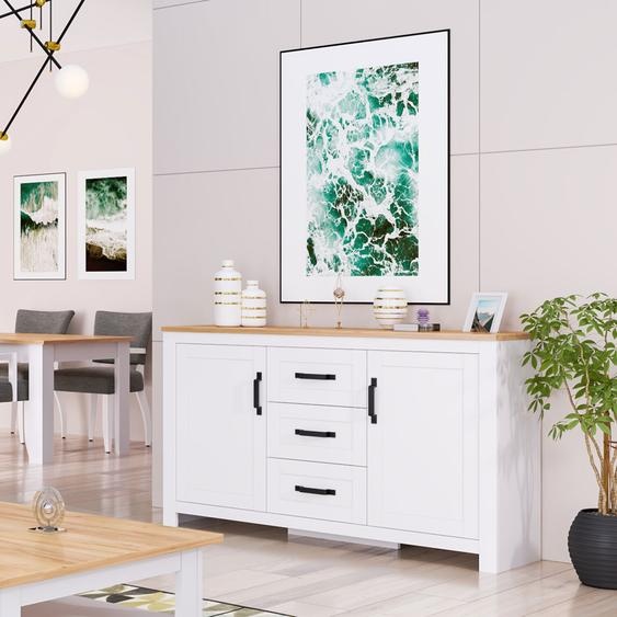 Homestyle4u Commode Buffet Chêne Mat Blanc Bois Massif Armoire Avec Tiroirs Highboard Buffet