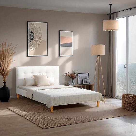 Homestyle4u Lit rembourré 140x200 cm avec sommier à lattes Lit double avec dossier Bouclé Beige
