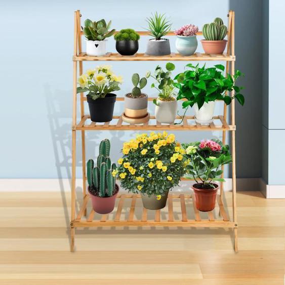HOMEWELL - Meuble support pour plante - Trois couches - Bambou - 70x40x96cm