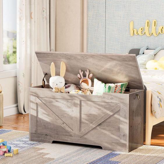 HOOBRO Coffre de Rangement, Banc de Rangement, charnières de sécurité, Large Dessus, Armoire à Jouets, Banc à Chaussures, grège