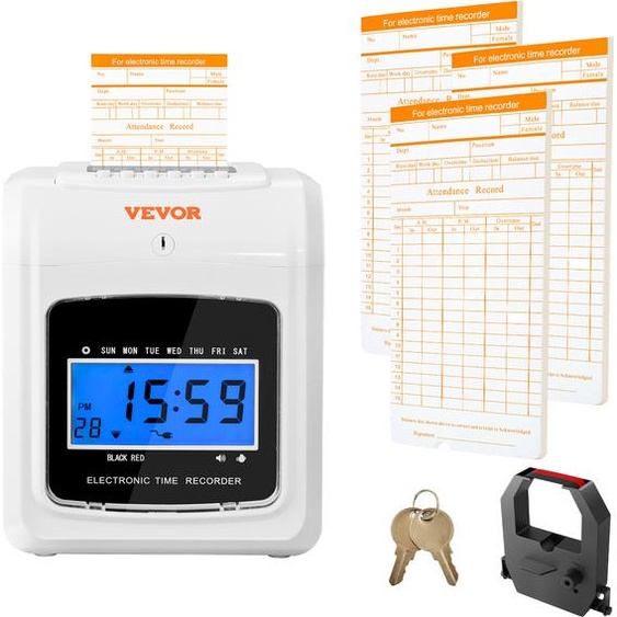 Horloge de pointage VEVOR Horloge de pointage 102 cartes de pointage, Horloge de pointage électronique avec 2 clés + 1 ruban, Horloge de pointage électronique blanche montée au mur pour les petites entreprises, les bureaux, les usines, etc.