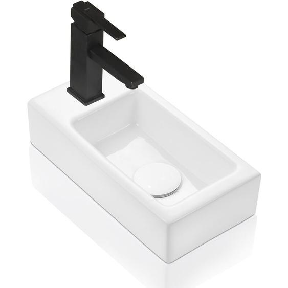 Horow - Lave mains rectangle design blanc - Mini lavabo de comptoir et lavabo suspendu - Trou de robinetterie à gauche - 37 x 18.5 x 9 cm