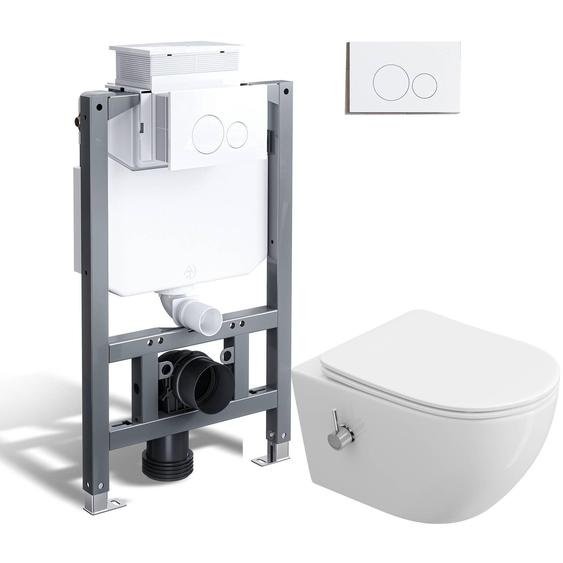 HOROW WC douche complet Set 82cm bâti-support chasse deau à encastrer + WC suspendu + plaque de poussée ronde blanche