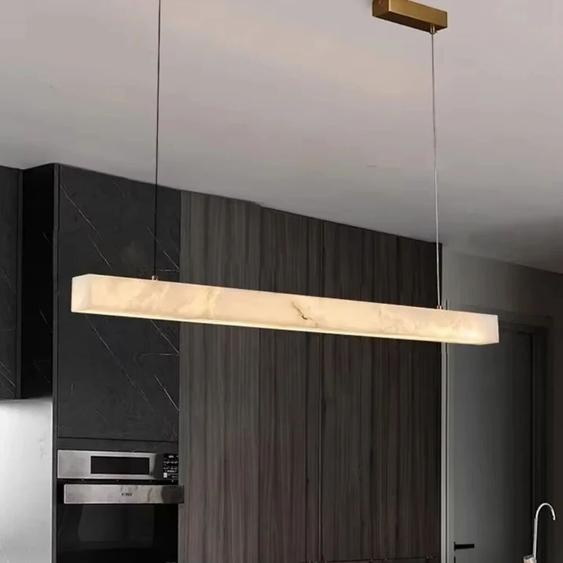 Horrin Lustre rectangulaire long en marbre naturel simple, pour salle à manger, salon, restaurant, éclairage en albâtre, lampe suspendue LED tout en cuivre
