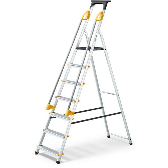 Escabeau 7 marches duramp sécurisé avec rampes, tablette porte-outils, marchepied pliable aluminium, hauteur plateforme 140cm, garantie 5 ans Hoström
