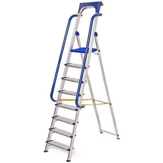 Escabeau 8 marches Secure pro, aluminium renforcé, sécurisé avec rampes, tablette porte-outils, hauteur plateforme 182cm, charge 150kg Hostrom
