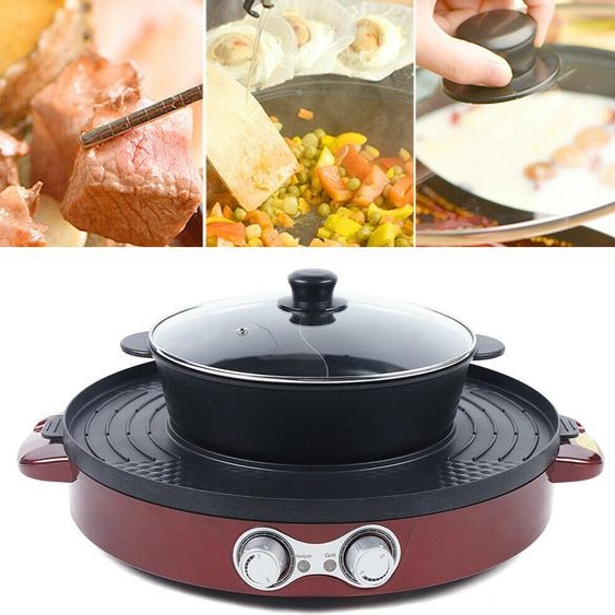 Hot Pot électrique 2 EN 1 portable multifonctions Poêle à griller Ronde Gril sans fumée 2200W (Rouge)