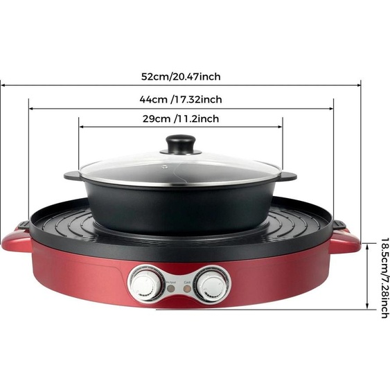Hot pot électrique et barbecue - Barbecue de table avec casserole - 2200 W - Prise UE 220 V - Revêtement antiadhésif - Hot pot Ø 29 cm, grille Ø 44 cm - Rouge