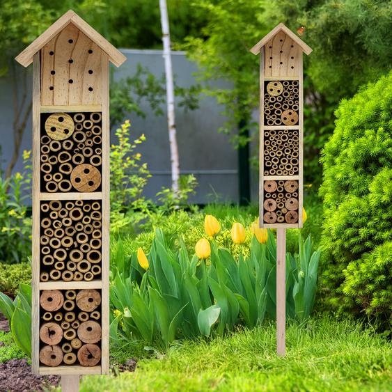 Hôtel à insectes en bois avec piquet - H 78 cm - Abri à insectes à poser