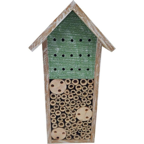 Hôtel à insectes fabriqué en bois naturel  – dimensions approximatives : 15 x 30 x 13 cm – couleur marron/vert – hôtel à insectes pour les abeilles sauvages – fabriqué en bois de pin et en bambou