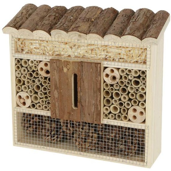 Hôtel à insectes en bois naturel, dimensions 29x8x28 cm, abri pour les abeilles sauvages et autres insectes.
