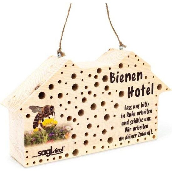 Hôtel à abeilles sauvages Unyqoos® en bois de mélèze massif, dimensions 26 x 14 x 5 cm – Aide au nid avec plus de 100 trous (3/4/5/6/8/10 mm), couleur naturelle, à suspendre