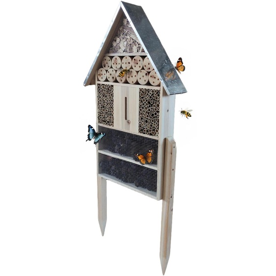 Hôtel à insectes Relaxdays avec support, en bois, toit métallique résistant aux intempéries, H x l x P : 119 x 50 x 12 cm, maison pour insectes, naturel/argent