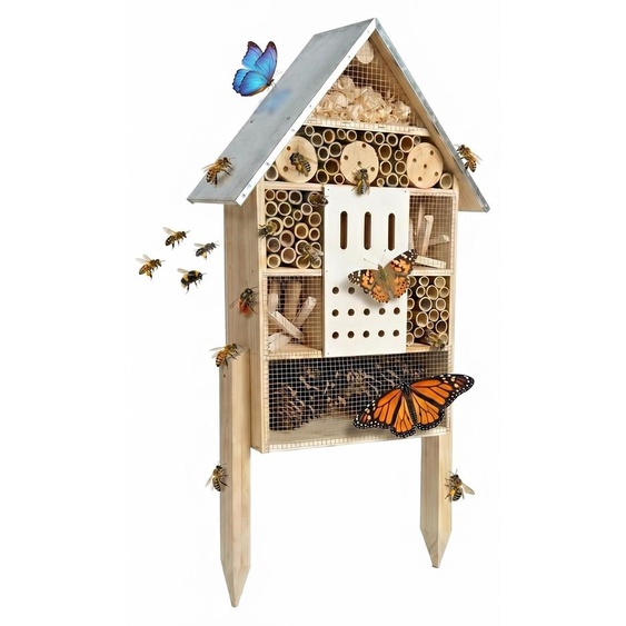 Hôtel à insectes Relaxdays avec support, en bois, toit métallique résistant aux intempéries, H x l x P : 77 x 38 x 10 cm, abri pour insectes, naturel/argent