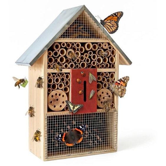Hôtel à insectes Relaxdays, en bois, toit métallique résistant aux intempéries, H x l x P : 40 x 30 x 8 cm, maison à insectes à suspendre, naturel/argent
