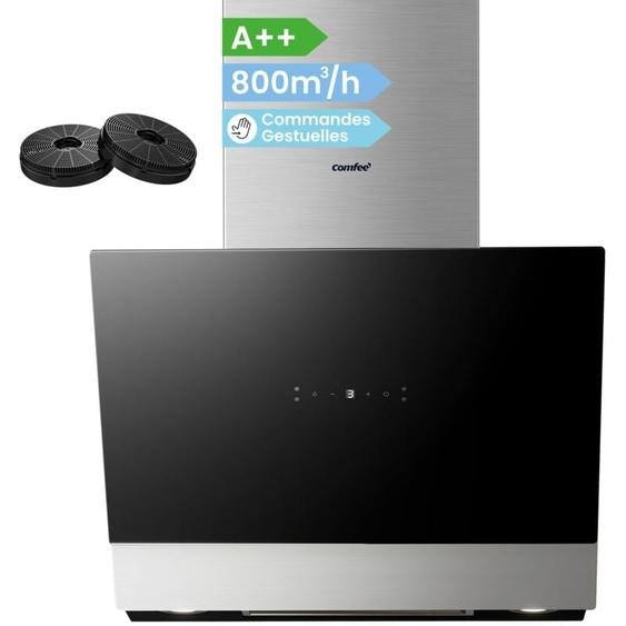 Hotte Aspirante Inclinée 60cm Comfee 800m³/h - Classe a+ - Commandes Gestuelles - 4 vitesses - 2 Filtres à Charbon - Verre Noir