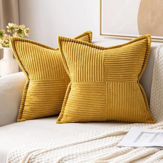 House Coussin 40x40 Jaune Lot de 2 Decorative Boheme Chambre Salon Housse Coussin Côtelé en Velours Doux pour Canapé Bureau Jardin