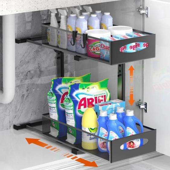 Meuble de cuisine - HOUSOLUTION - Rangement sous Évier - 2 Niveaux - Métal Noir - Hauteur Réglable
