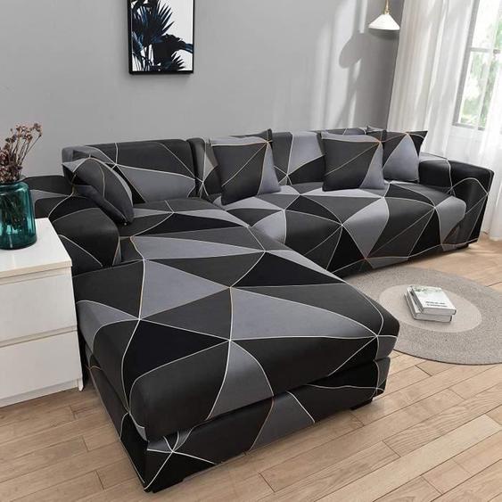 Housse de canapé - JORMFTTE - Extensible - 2 places 145-185cm - 3 places 190-230cm - Couleur Noir/Gris