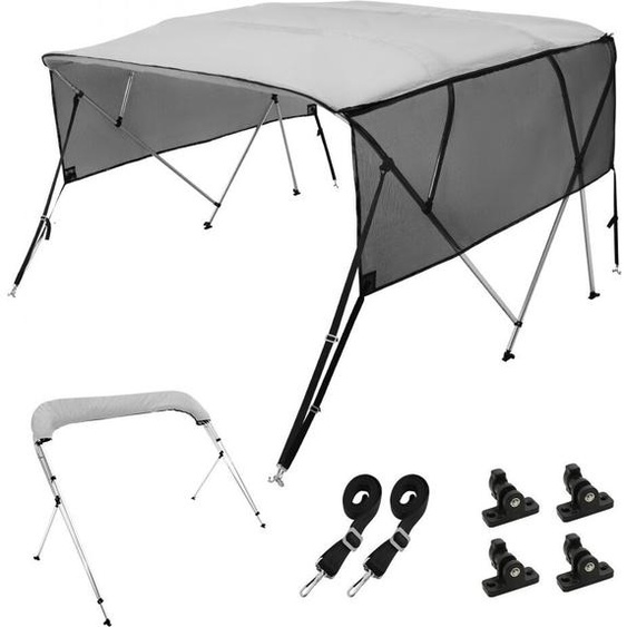Housse de bateau Bimini Top - 4 arceaux, 216-228 cm de largeur dinstallation - Taud en polyester 600D - Panneaux latéraux amovibles en maille - Etanche & protection solaire - Boîte de rangement incluse - Gris clair