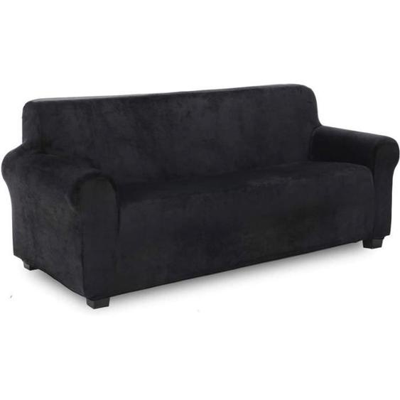 Housse de canapé - FOLAYA - 3 Places - Velours Noir - Extensible - Lavable - Chic
