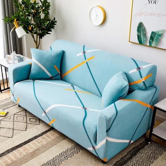 Housse de Canapé 4 Places - INSFITY - Bleu - 235-300cm - Élastique - Taie doreiller offerte