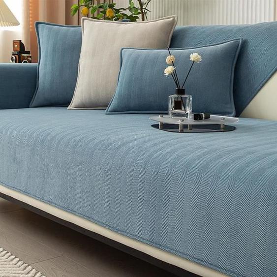 Housse de canapé - AUTREMENT - Chevron Chenille - 70x150 cm - Bleu Lac - Résistante aux taches