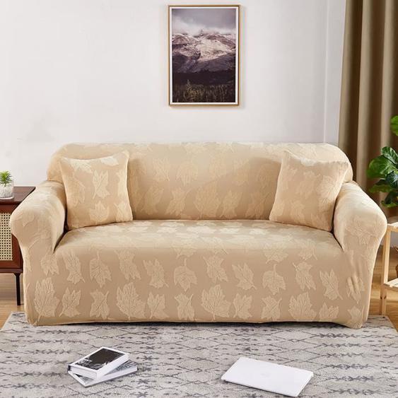 Housse De Canape De 2 Places Feuille Imprimé Couleur Unie Pour Longueur De 145-180 cm-Beige