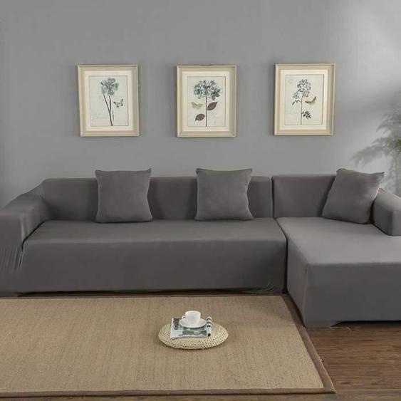 Housse de Canapé Extensible - Gris - 3 + 2 Places en L dangle - Polyester - Housse de Canapé de Protection