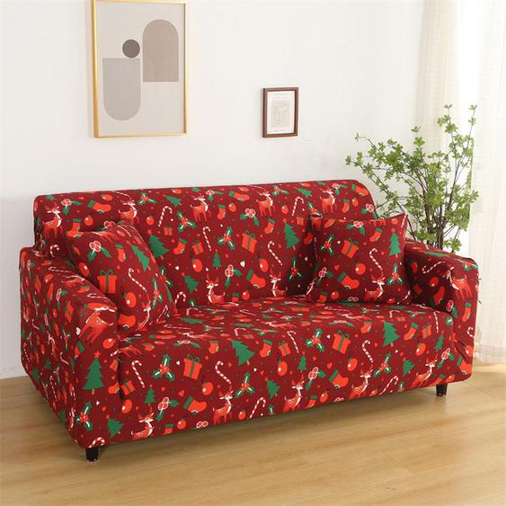 Housse de canapé imprimée de Noël Housse de canapé élastique Père Noël Lavable en machine Thème de Noël Housse de canapé rouge pou1