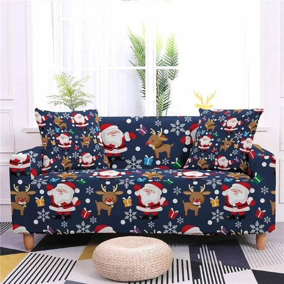 Housse de canapé imprimée de Noël Housse de canapé élastique Père Noël Lavable en machine Thème de Noël Housse de canapé rouge pou5