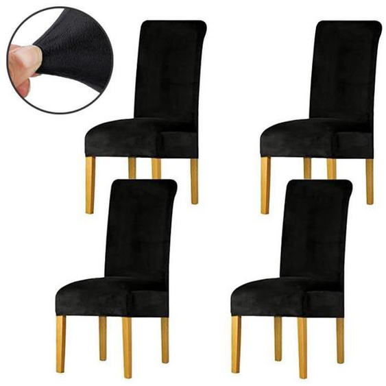 Housse de Chaise en Velours,Spandex de Bout Droit avec la Bande élastique, Dame de Velours dinant la Chaise 4pcs/set - Noir