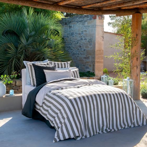Housse de couette réversible lin et coton lavé Tempos marine rayé