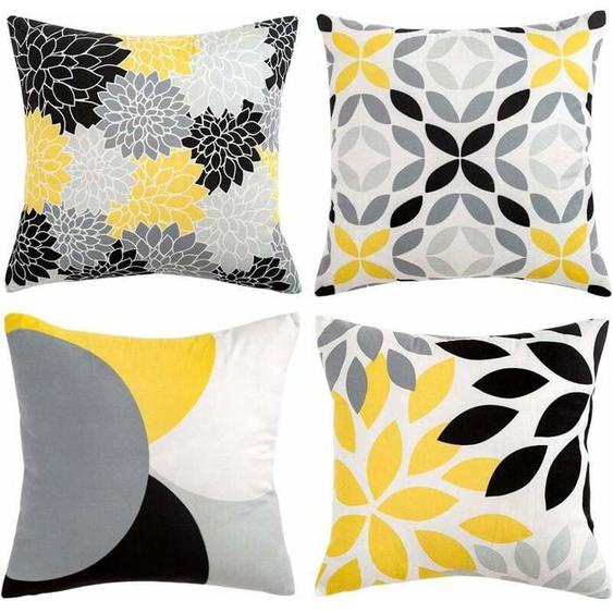 Housse de Coussin Décorative 45 X 45 Cm Taie dOreiller Carrée Douce Et Résistante, Jaune Gris Et Noir, 4 Pièces