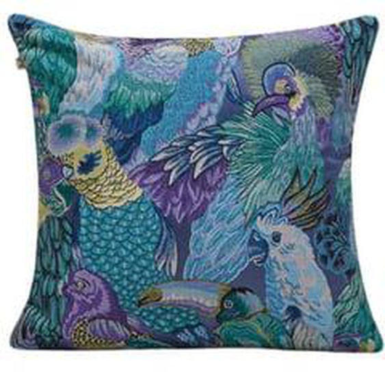 MADURA - Housse de coussin Jungle Birds  en Jacquard effet tapisserie Bleu