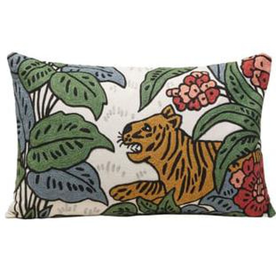 MADURA - Housse de coussin Tigris  en Coton rebrodé de point de chainette au motif animalier Ecru