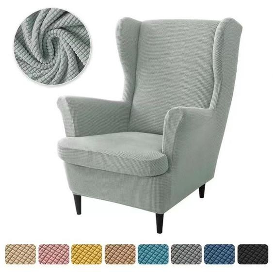 Housse de Fauteuil à Oreilles Extensible 2-Pièces，Couleur Unie Jacquard Épaissir Housse de Fauteuil Antidérapante（Gris)