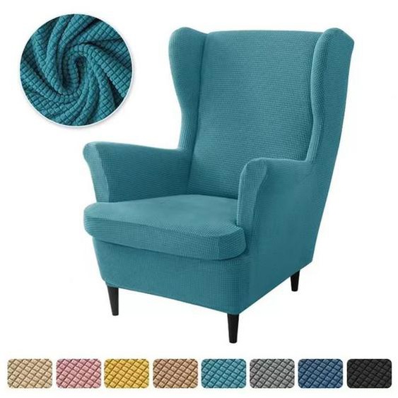 Housse de Fauteuil à Oreilles Extensible 2-Pièces，Couleur Unie Jacquard Épaissir Housse de Fauteuil Antidérapante（Turquoise)