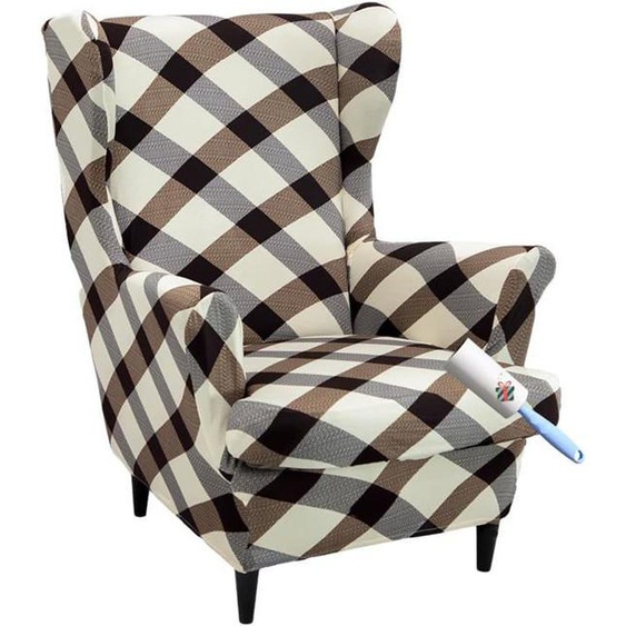 Housse de Fauteuil à Oreilles Extensible 2 Pièces Couverture de Fauteuil avec Housse de Coussin en T (Carreaux Marron)