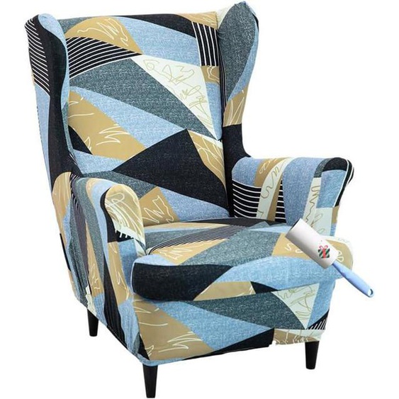 Housse de Fauteuil à Oreilles Extensible 2 Pièces Couverture de Fauteuil avec Housse de Coussin en T (Rivière Bleue)