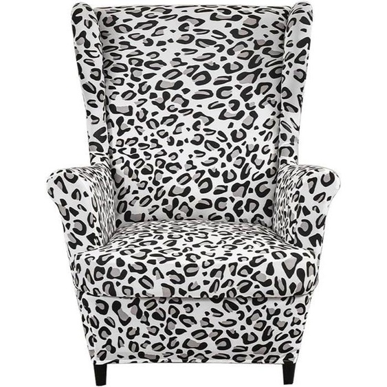 Housse de Fauteuil à Oreilles Extensible 2 Pièces，Housse de Fauteuil Antidérapante-Imprimé léopard noir et blanc