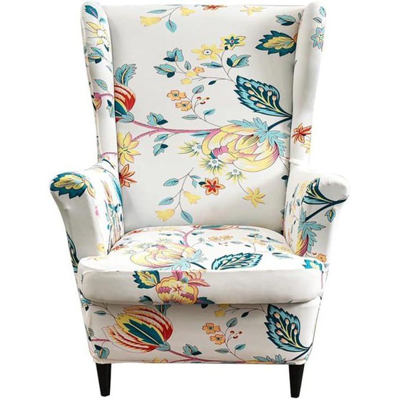 Housse de Fauteuil à Oreilles Extensible 2 Pièces，Housse de Fauteuil Antidérapante-parfum floral beige