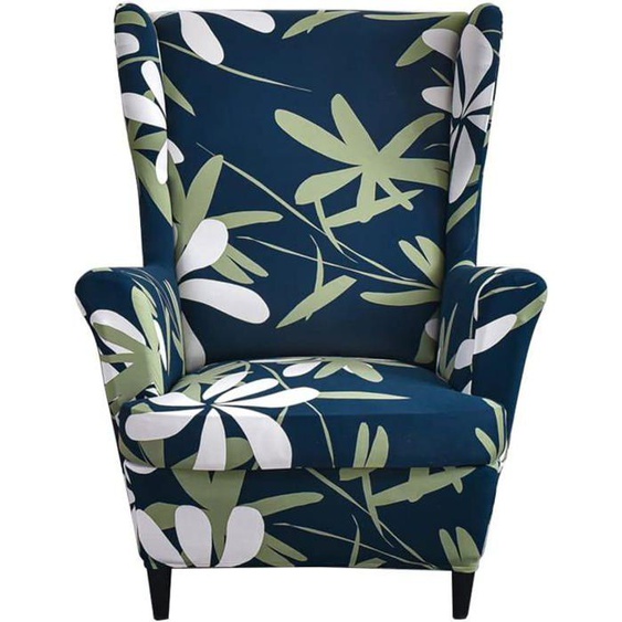 Housse de Fauteuil à Oreilles Housses de Chaise à Oreilles Extensible imprimée-Imprimé végétal bleu foncé et vert