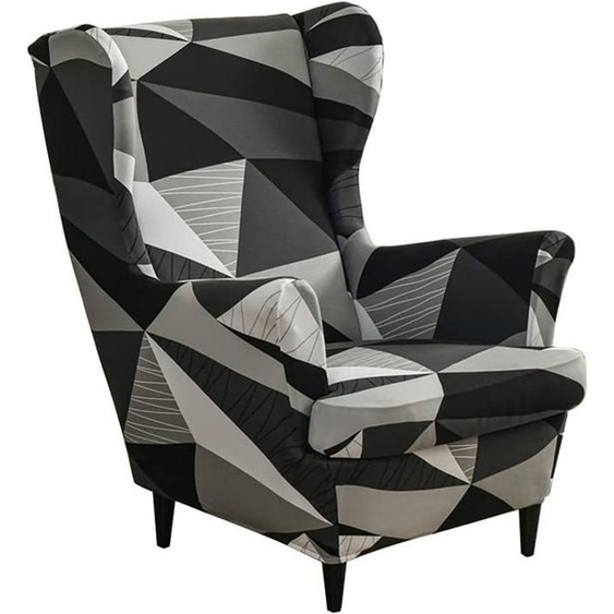 Housse Fauteuil à Oreilles 2 pièces Housse de Protection Fauteuil à Oreilles imprimée Extensible-géométrie noire