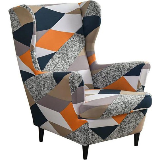 Housse Fauteuil à Oreilles 2 pièces Housse de Protection Fauteuil à Oreilles imprimée Extensible-Imprimé géométrique gris