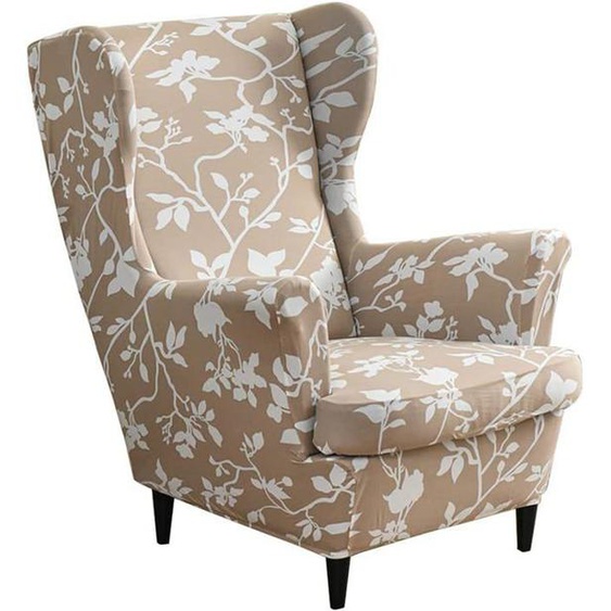 Housse Fauteuil à Oreilles 2 pièces Housse de Protection Fauteuil à Oreilles imprimée Extensible-imprimé moderne beige