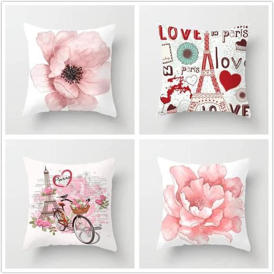 Housses de Coussin Carré Décoratif en Coton Lin - Romance Rose Moderne - Lot de 4 - Blanc - 40x40cm