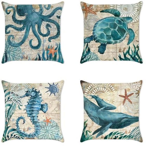 Housses de coussin en lin, motif animaux marins, ensemble de 4, 40x40 cm